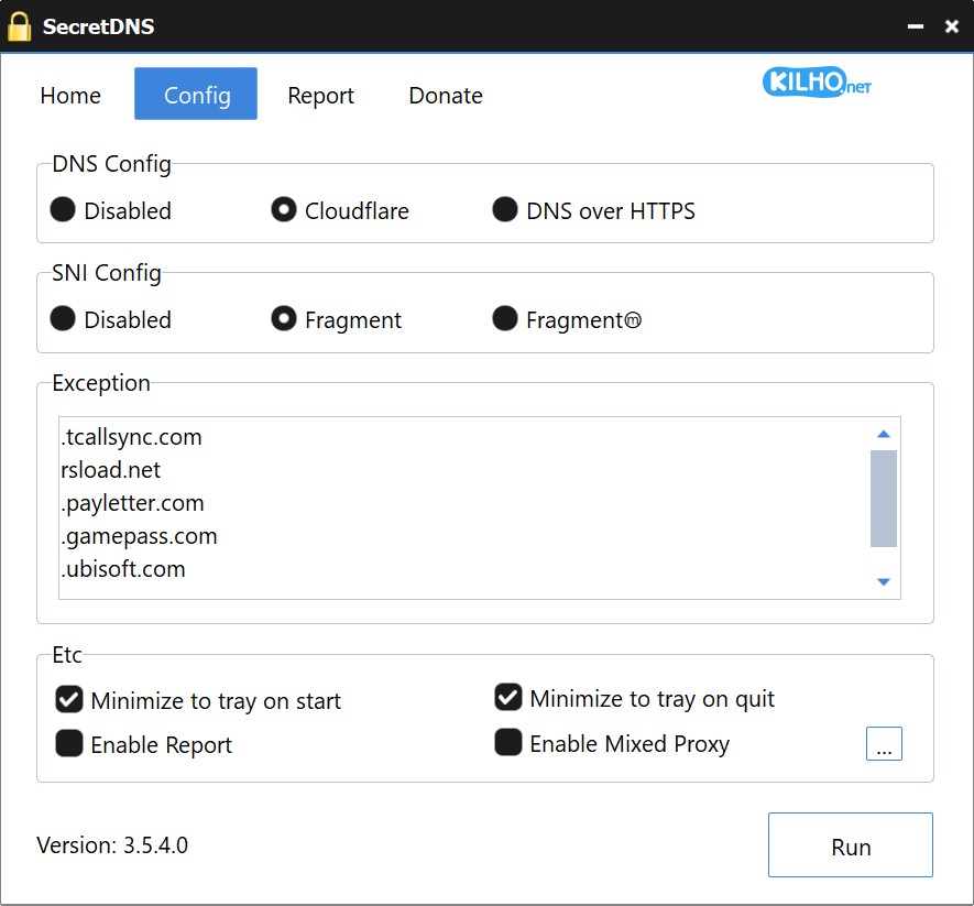 Конфигурационная страница SecretDNS