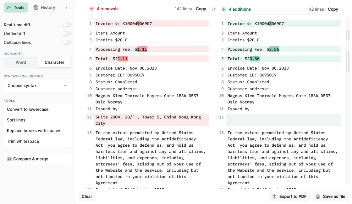 Diffchecker: сравнение файлов