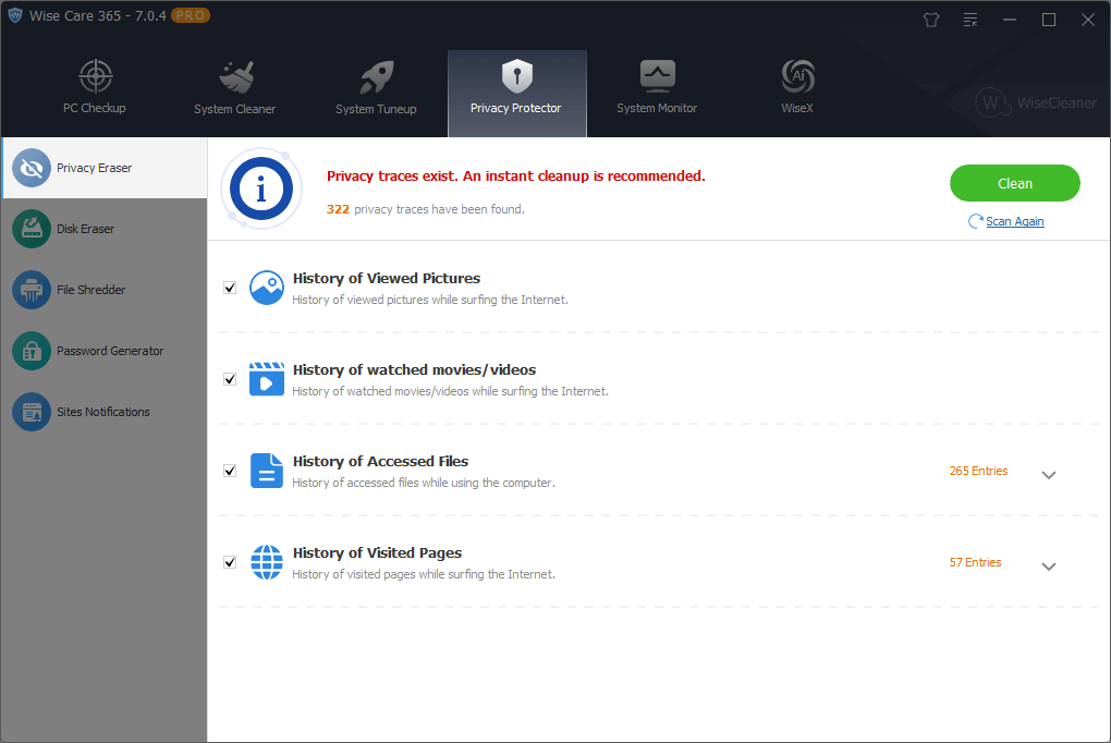 Конфиденциальность (Privacy) в Wise Care 365 Pro