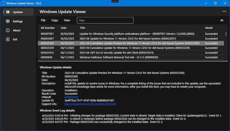 Интерфейс Windows Update Viewer