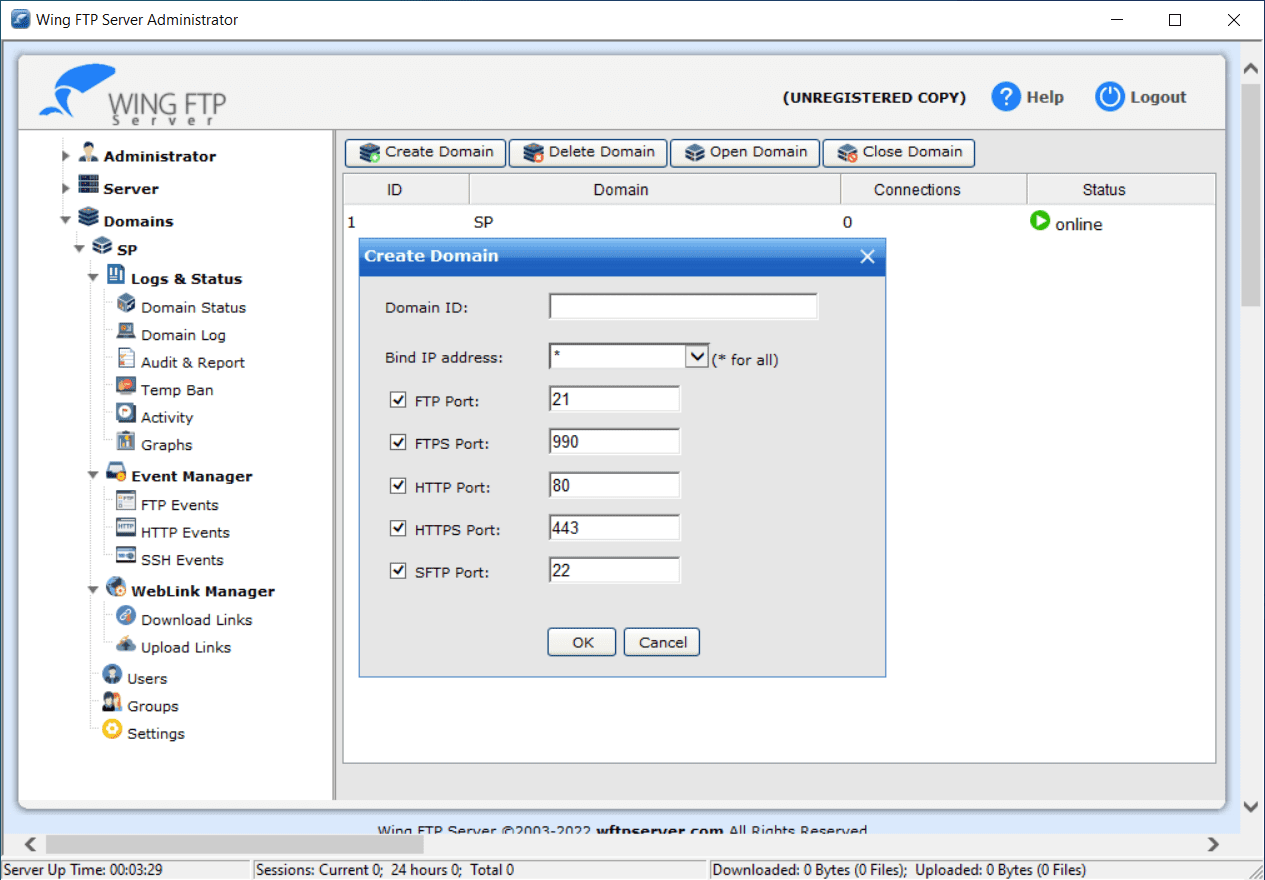Интерфейс Wing FTP Server Corporate